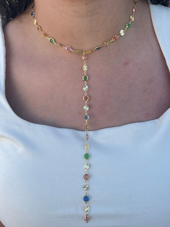 Rainbow Stones Drop Necklace (Gold Plated)