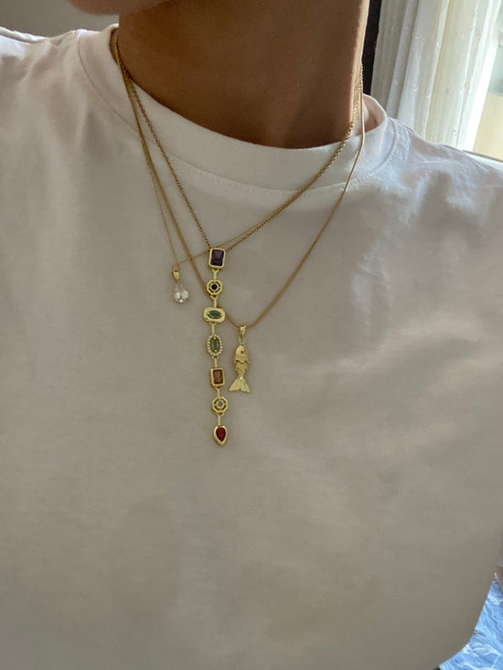 Colorful Stones Drop Necklace (Gold Plated)