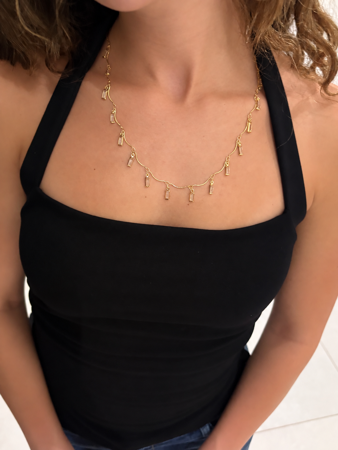 crystal stone necklace- gold plated