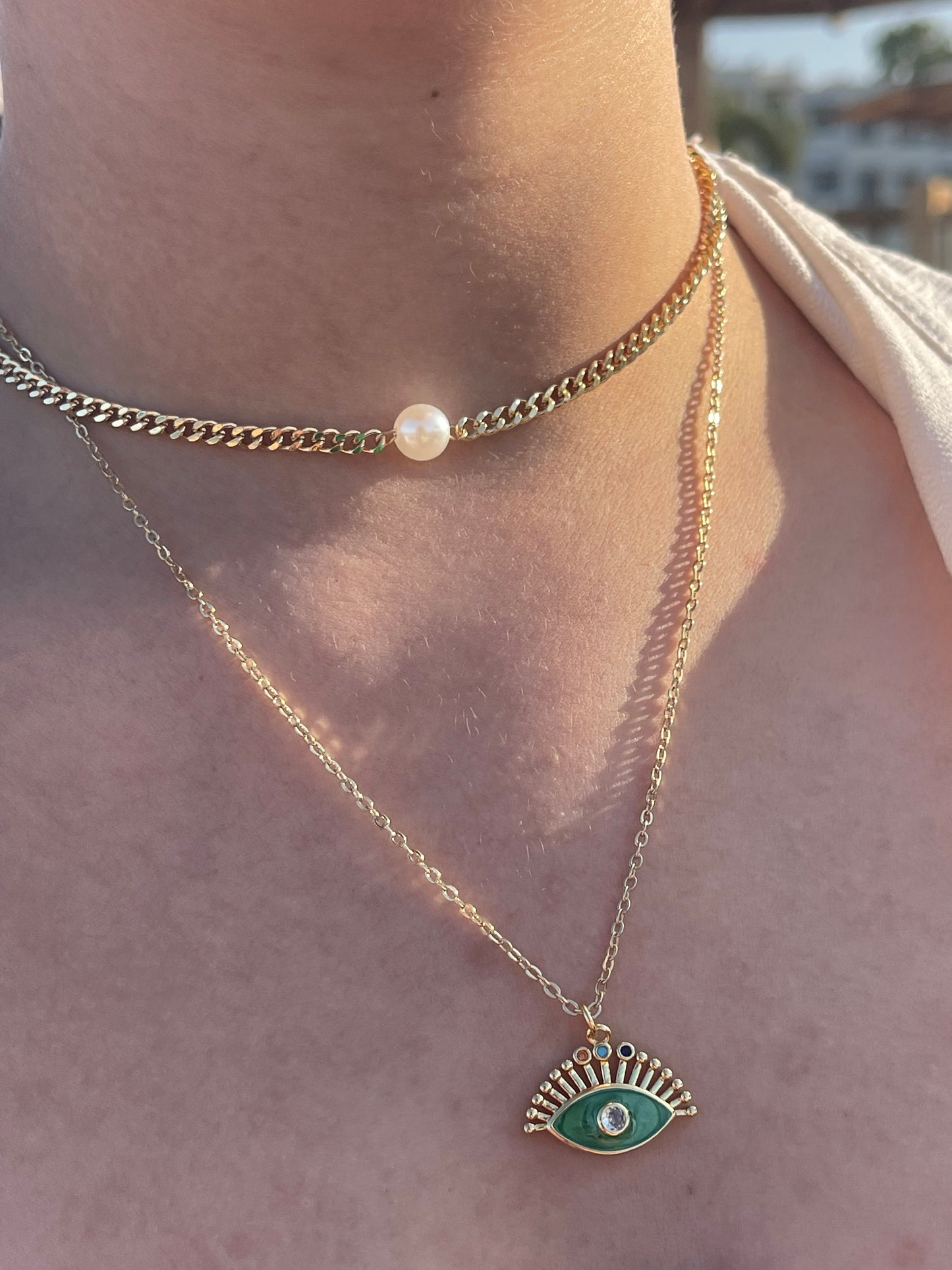 Evil Eye Pearl Double Necklace (Gold Plated)