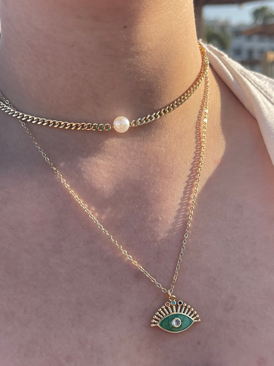 Evil Eye Pearl Double Necklace (Gold Plated)
