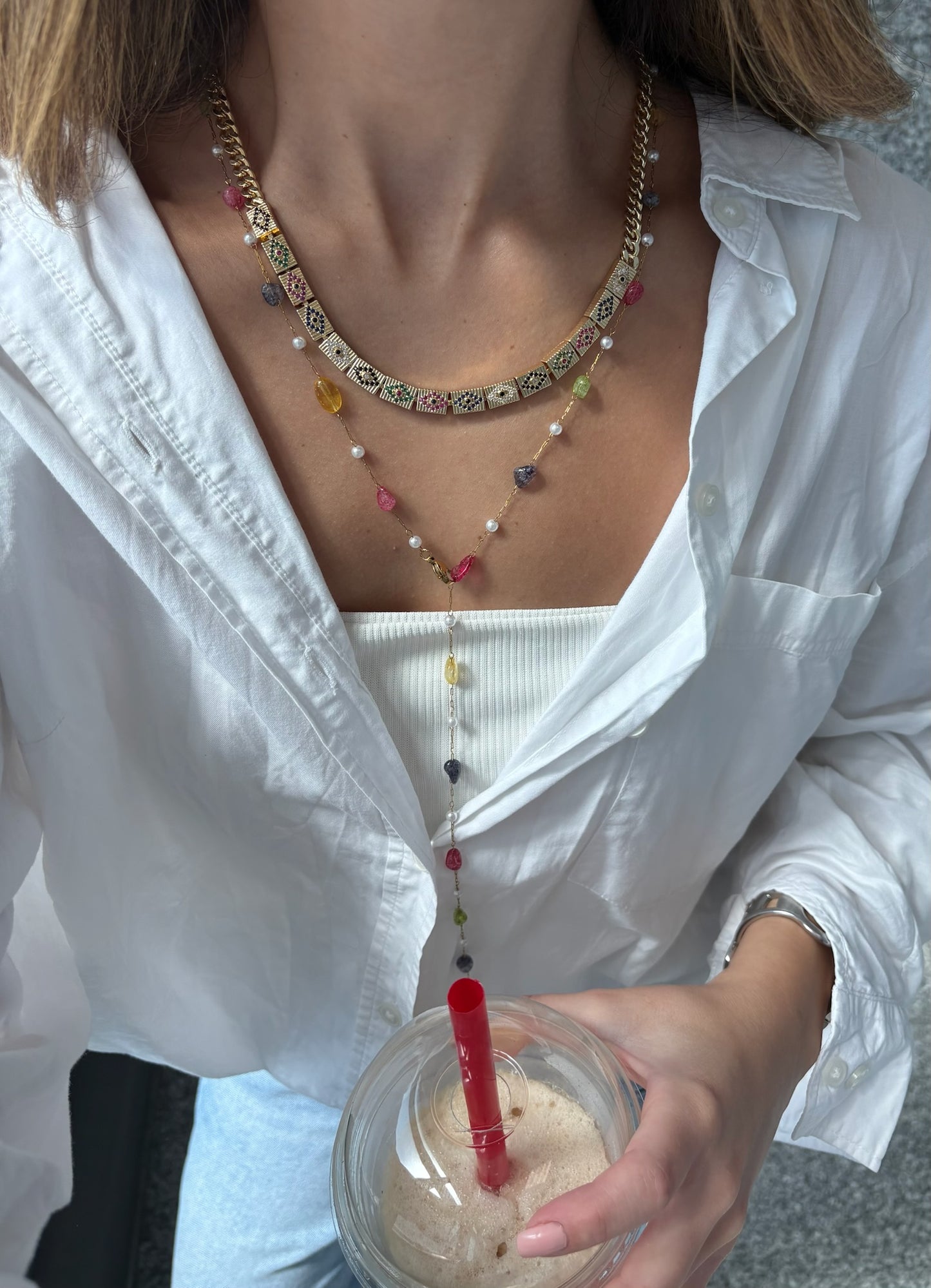 Colorful Stones Drop Necklace (Gold Plated)