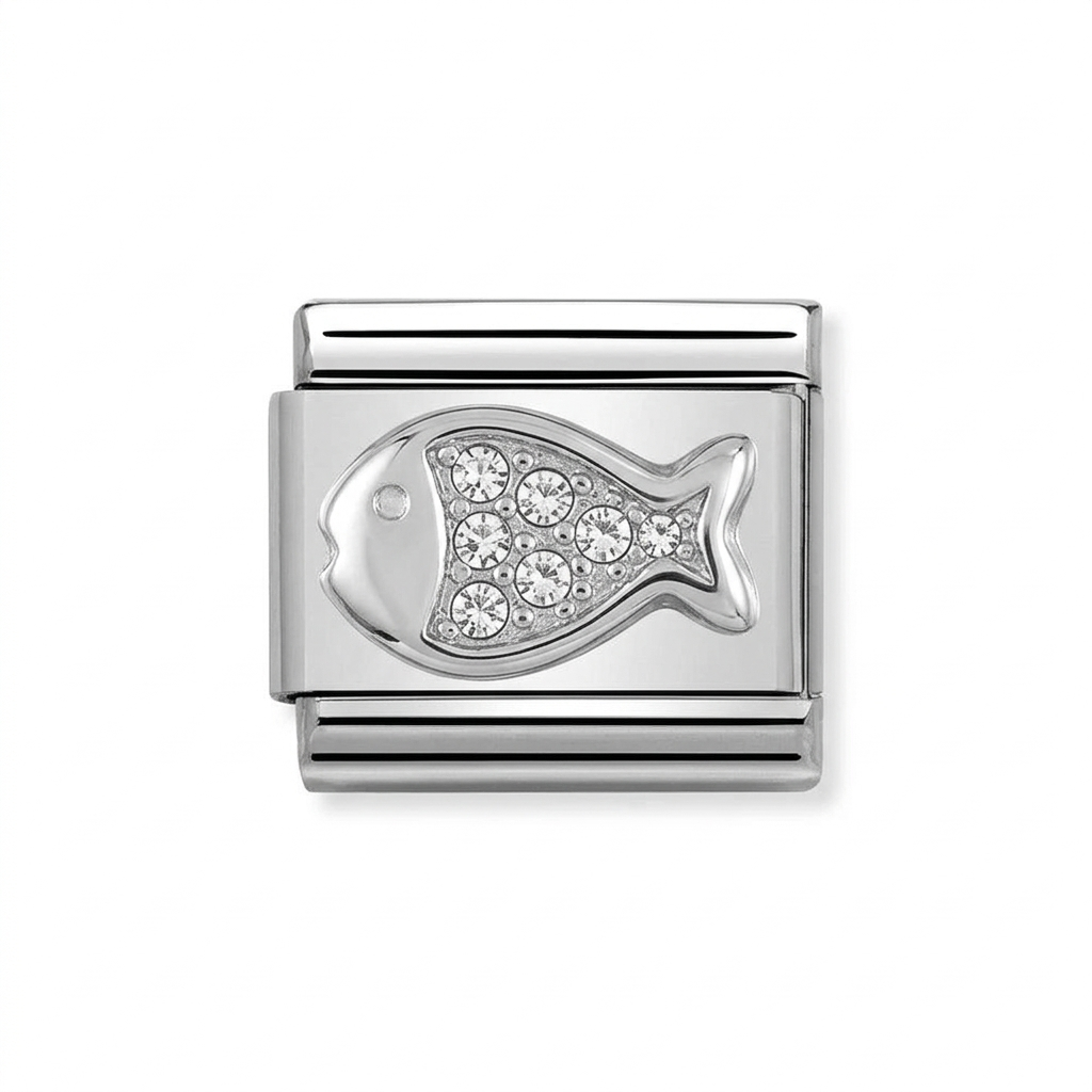 Silver charm with fish design and embedded crystals on a white background