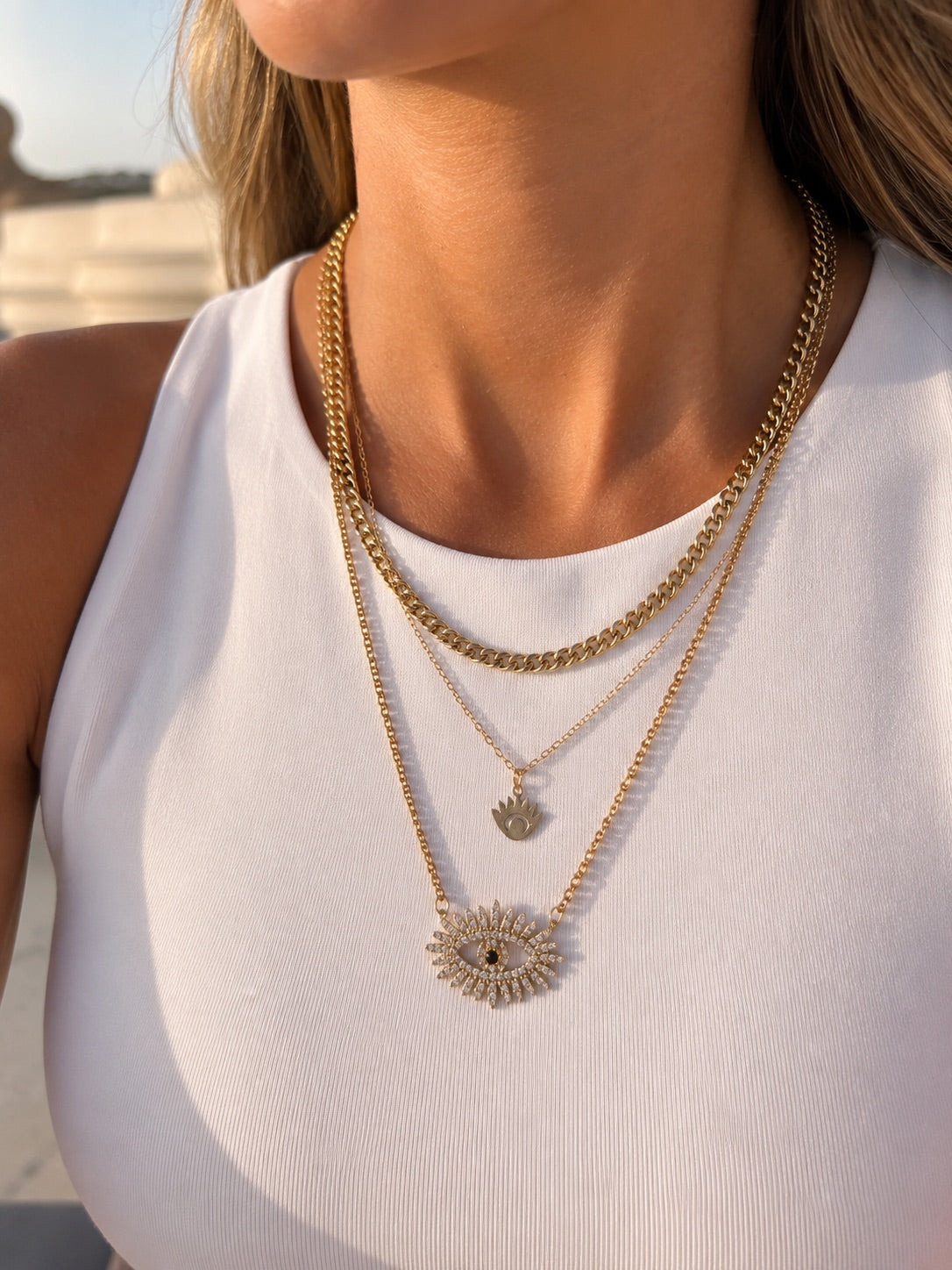 Evil Eye Triple Chain Necklace 2.0 (Gold Plated)
