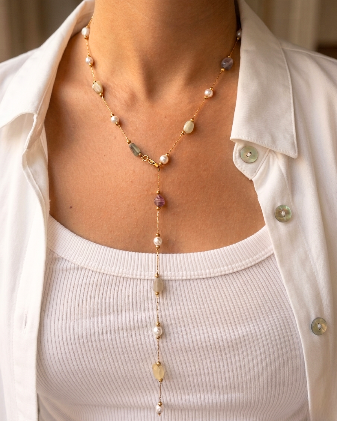 Dainty Stones Drop Necklace (Gold Plated)